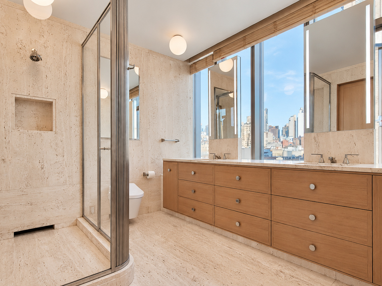 Navona travertine bathroom with stone walls and flooring, a curved glass shower enclosure, and a double vanity.