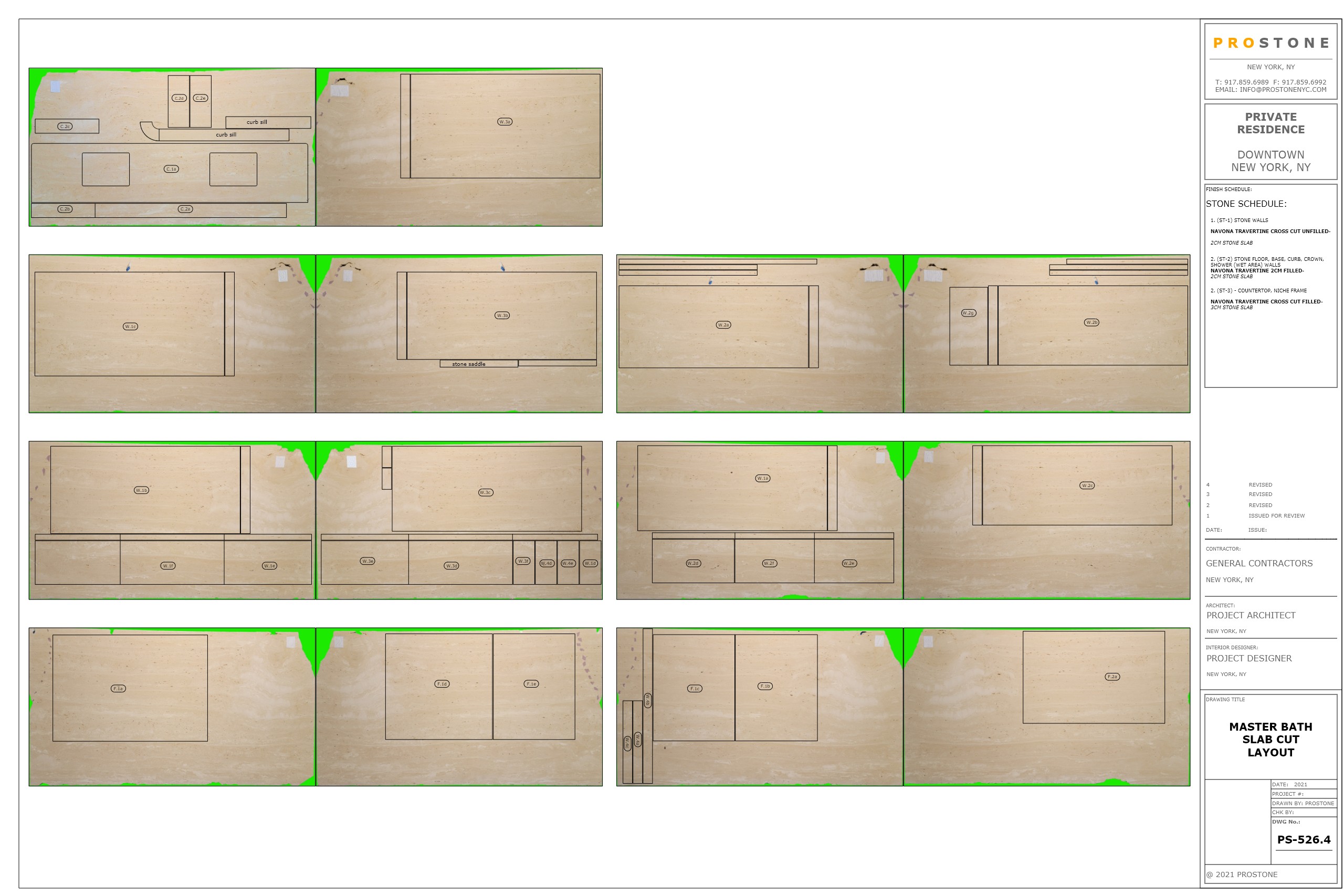 Navona travertine slab photographs with outlined cutting layouts for bathroom stone pieces.